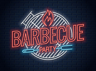 Barbecue grill neon logo. BBQ neon sign on wall