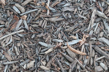 Floor with bed of pieces of wood and dry leaves