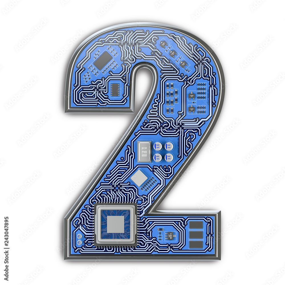 Poster number 2 two, alphabet in circuit board style. digital hi-tech letter isolated on white.