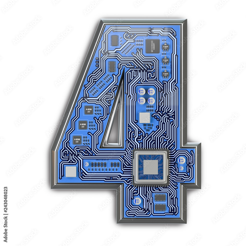 Poster number 4 four, alphabet in circuit board style. digital hi-tech letter isolated on white.