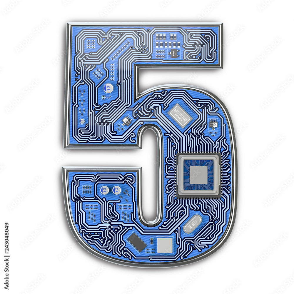 Poster number 5 five, alphabet in circuit board style. digital hi-tech letter isolated on white.