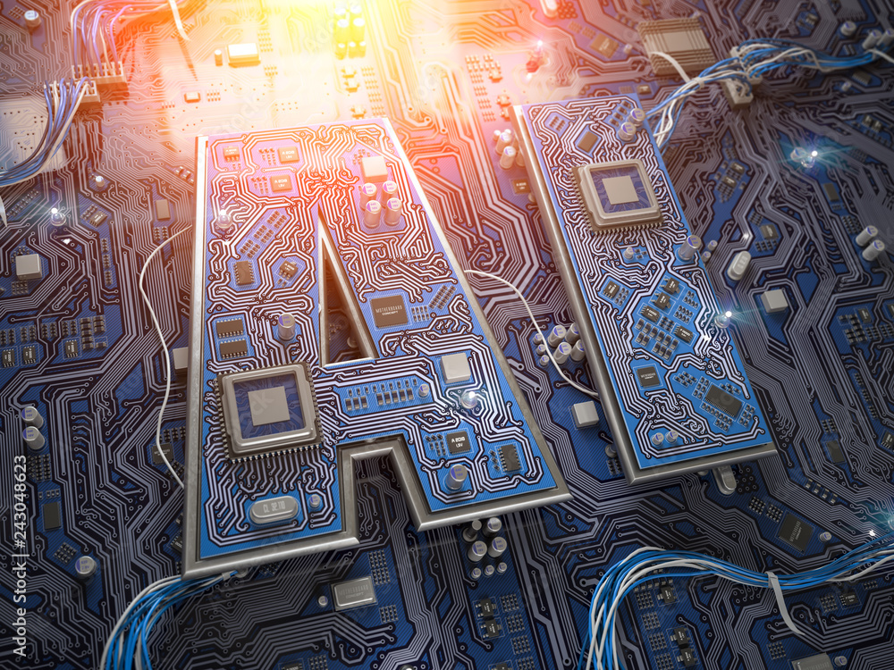 Poster AI, Artificial Intelligence. Computer chips with CPU in form of text AI.