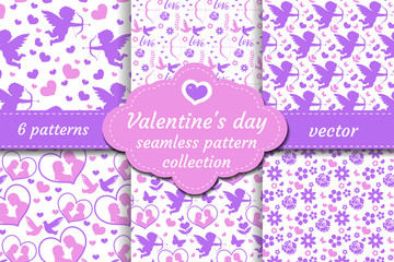Happy Valentine s Day seamless pattern set. Collection Cute romantic love endless background. Cupid, heart, flowers, couple repeating texture. Vector illustration.