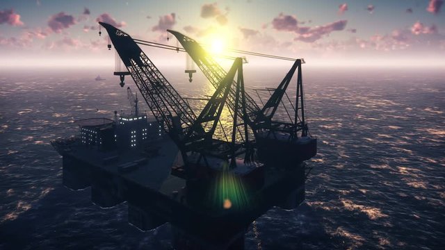 Oil platform, offshore platform, or offshore drilling rig in sea at sunset. Realistic cinematic animation.