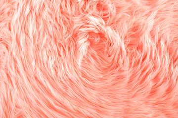 Fototapeta premium Fluffy fake textile fur. Color of the year 2019 Living Coral. Flat lay, top view, copy space