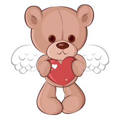 Naklejka premium Angel Teddy Bear in love for Valentine's Day with heart. Children's character