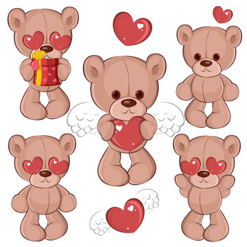 Set of cute teddy bears in love for Valentine's Day with heart. Children's character