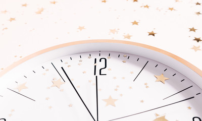 Fototapeta na wymiar New year clock and golden stars on a light pastel background. Christmas, New Year, winter concept