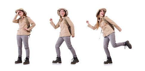 Woman wearing safari hat on white © Elnur