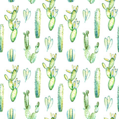 Seamless pattern of a cactus and succulent.Watercolor hand drawn illustration.