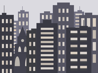 Cute urban cityscape in the evening or at night: modern houses, buildings and Church or Cathedral. Vector illustration