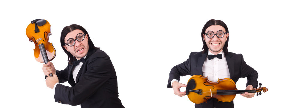 Funny man with music instrument on white