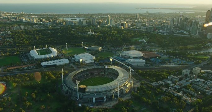 Aerial Sunset View Melbourne Cricket Ground Yarra River