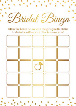 Bridal Bingo card template. Bridal Shower Bingo games. Funny activity for guests. Bachelorette Party activities.  Wedding stationery. Gold polka dots.