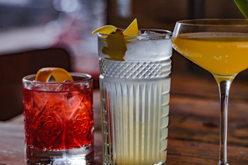 Image of colorfull coctails in the bar, mixology concept