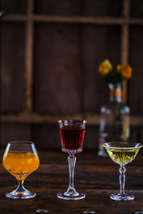 Image of colorfull coctails in the bar, mixology concept