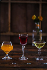 Image of colorfull coctails in the bar, mixology concept