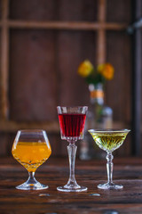 Image of colorfull coctails in the bar, mixology concept