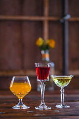 Image of colorfull coctails in the bar, mixology concept