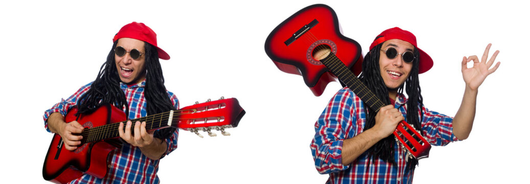 Man with dreadlocks holding guitar isolated on white