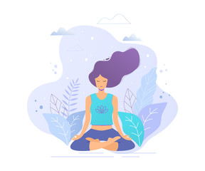 Woman sitting in lotus position practicing meditation. Yoga girl vector trendy illustration.