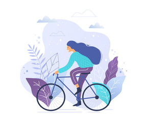 Woman riding a bicycle in park trendy vector illustration.