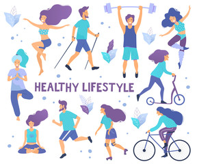 Fototapeta na wymiar Healthy lifestyle. Different physical activities: running, roller skates, dancing, bodybuilding, yoga, fitness, scooter, nordic walking. Flat vector illustration.