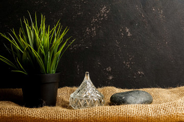 Green plastic plant on a balack rustic background.