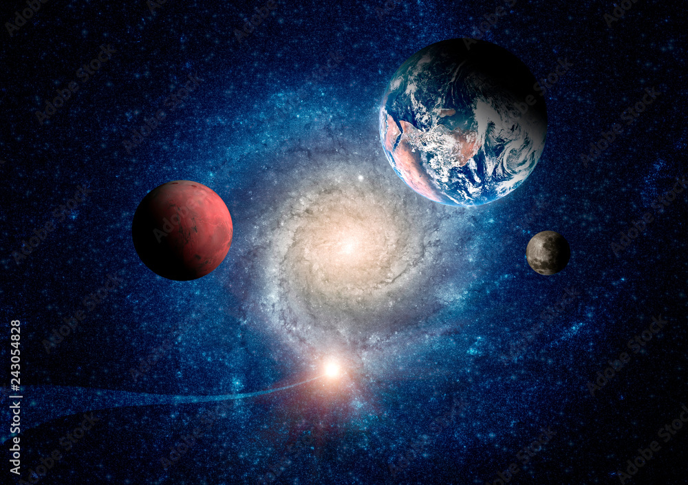 Wall mural planets of the solar system against the background of a spiral galaxy in space. elements of this ima
