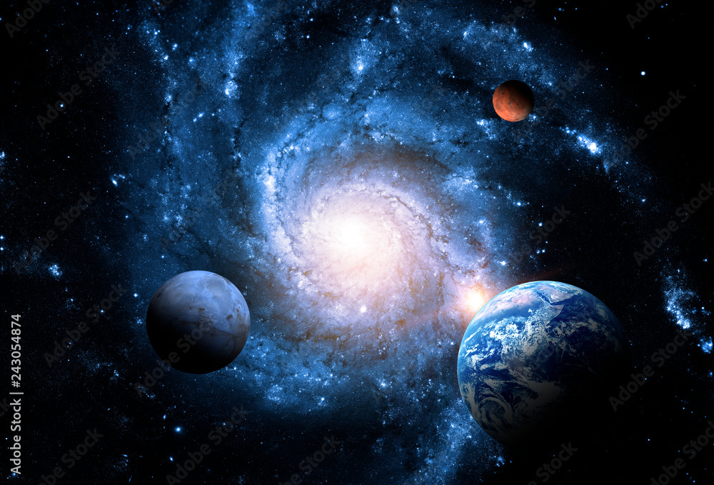 Wall mural planets of the solar system against the background of a spiral galaxy in space. elements of this ima