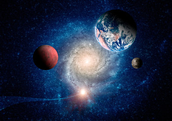 Planets of the solar system against the background of a spiral galaxy in space. Elements of this image furnished by NASA.