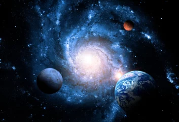 Deurstickers Tienerkamer Planeten van het zonnestelsel tegen de achtergrond van een spiraalstelsel in de ruimte. Elementen van deze afbeelding geleverd door NASA.