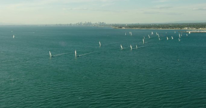 Aerial sunset view sailing Port Phillip Bay Melbourne