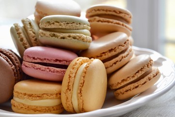 pastel macarons on a white plate