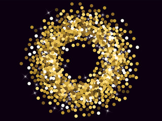Golden confetti. Round gold glitter. Gradient Scattering on a black background. Glitter. Christmas shiny background.