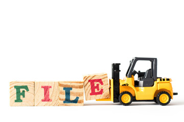 Toy forklift hold letter block e to complete word file on white background