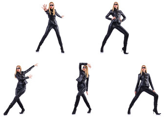Dancing woman in black leather costume
