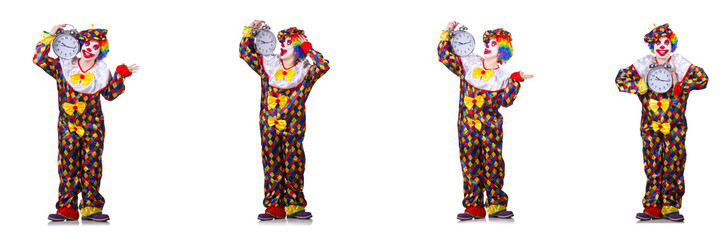 Funny male clown with alarm-clock 