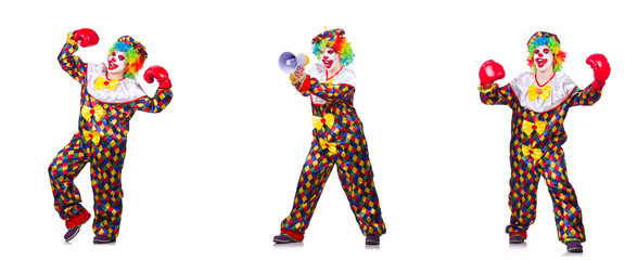 Funny male clown with boxing gloves and loudspeaker 