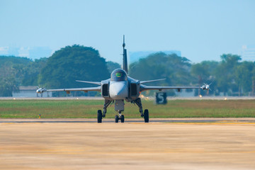 Gripen 39d jet aircraft Fighter Falcon landing on the airport runway