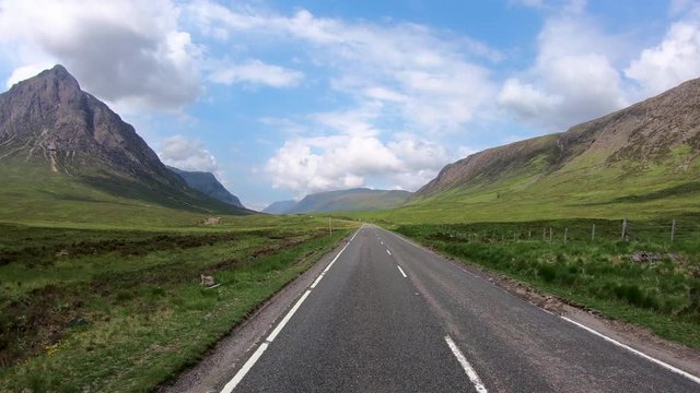POV drive past Buachaille Etive Mor river Coe 