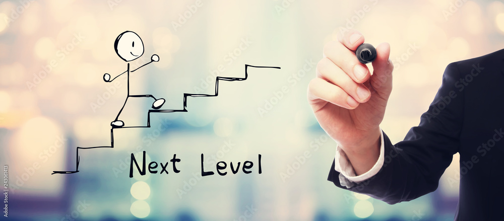 Poster next level concept with businessman on blurred abstract background