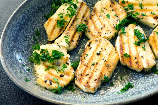 Grilled Haloumi Cheese in Bowl topped with parsley