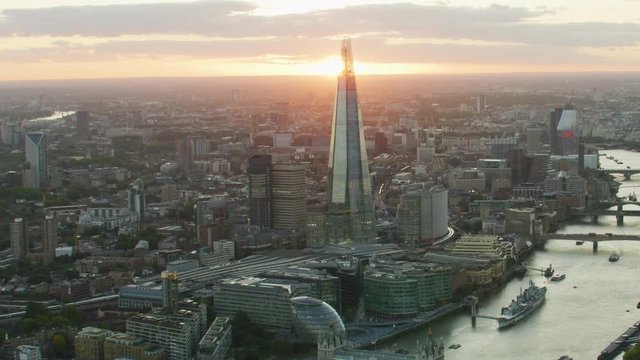 Aerial view City of London skyline at sunset