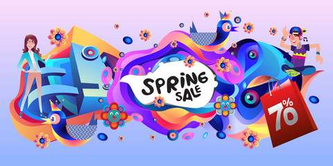 Fototapeta premium Spring Sale Colorful Special Discount Banner and Illustration
