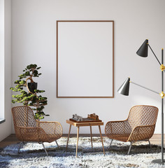 Mockup poster in hipster living room interior, 3d render
