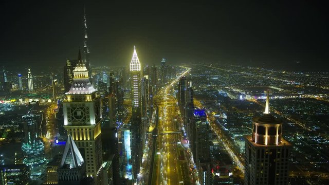 Aerial view Sheikh Zayed road night Skyscrapers Dubai