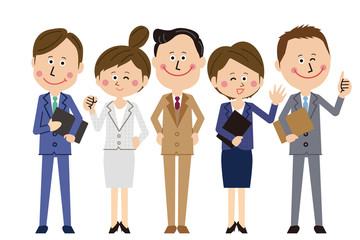 ポップな会社員が社長を囲んでハイポーズ　線画の背景