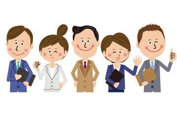 ポップな会社員が社長を囲んでハイポーズ　上半身