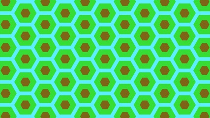 Abstract of colorful hexagon of same color and different surrounding rings.